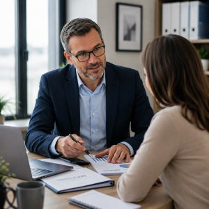 Consultant comptable indépendant échangeant avec une cliente en entreprise.