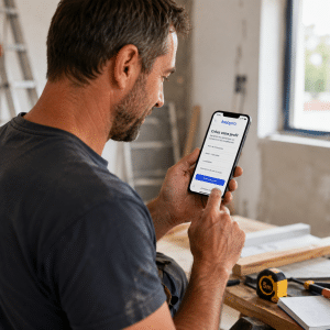 Artisan du secteur BTP créant son profil professionnel sur Iceopro depuis son téléphone portable