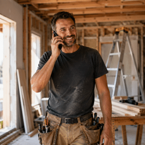 Artisan du bâtiment répondant à la demande d’un client professionnel sur un chantier