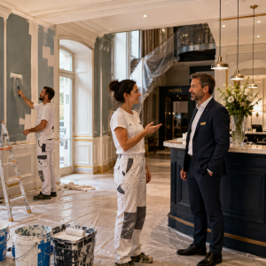 Peintres en bâtiment échangeant avec le directeur d’un hôtel lors d’un chantier de rénovation