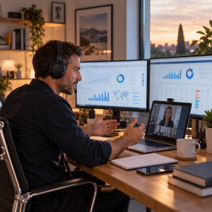 Consultant SEO et data freelance en visioconférence avec un client