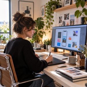 Graphiste UX UI designer freelance créant une maquette sur tablette graphique