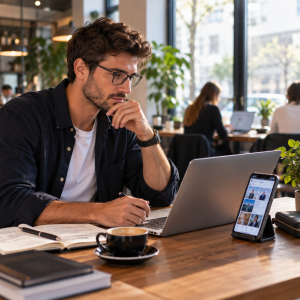 Community manager freelance du secteur du numérique travaillant depuis un café