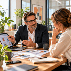 Consultant marketing indépendant présentant une stratégie à la dirigeante d'une PME