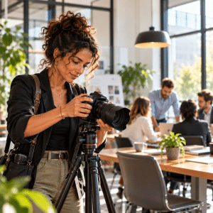 Photographe indépendante du secteur marketing et communication réalisant un reportage photo dans les locaux d'une entreprise.