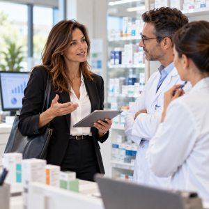 Freelance du secteur commercial présentant ses services à des professionnels du secteur pharmaceutique.