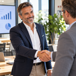 Directeur commercial indépendant serrant la main d’un client après un rendez-vous professionnel.