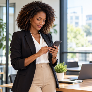 Commerciale indépendante consultant son smartphone dans le cadre de son activité professionnelle.